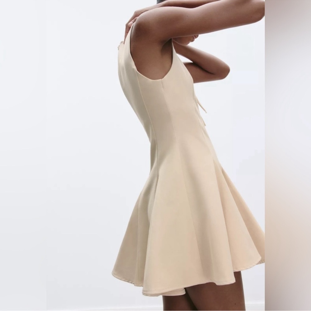 Zara Beige Mini Godet Fit & Flare Dress w/ Front Bow Detail, Sleeveless Sz M NWT - Picture 6 of 8